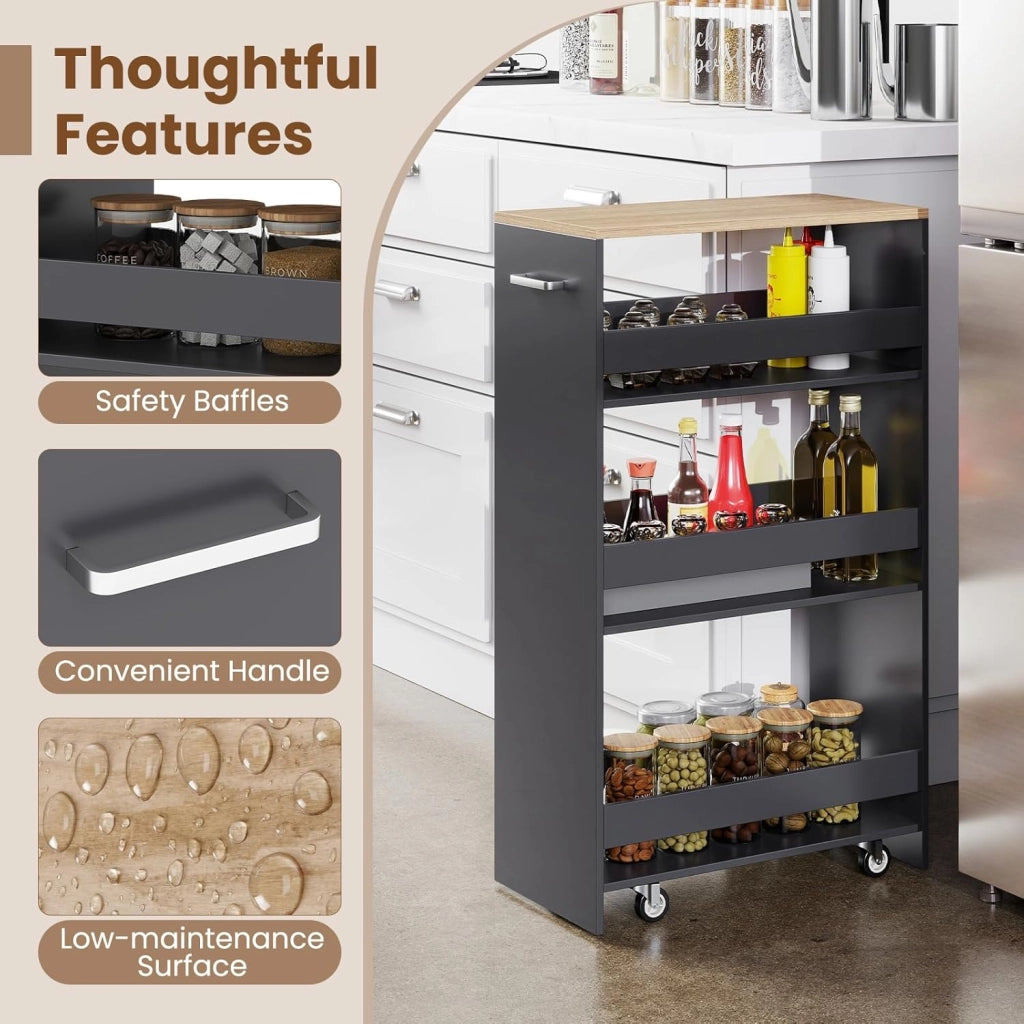 Carrello per Nicchia con Ruote, 4 Livelli，Carrello di Servizio Stretto Salvaspazio, da Bagno, Scaffale da Cucina Sottile 47,5 x 13 x 80,5 cm (Naturale+Grigio, Largo 25 cm)