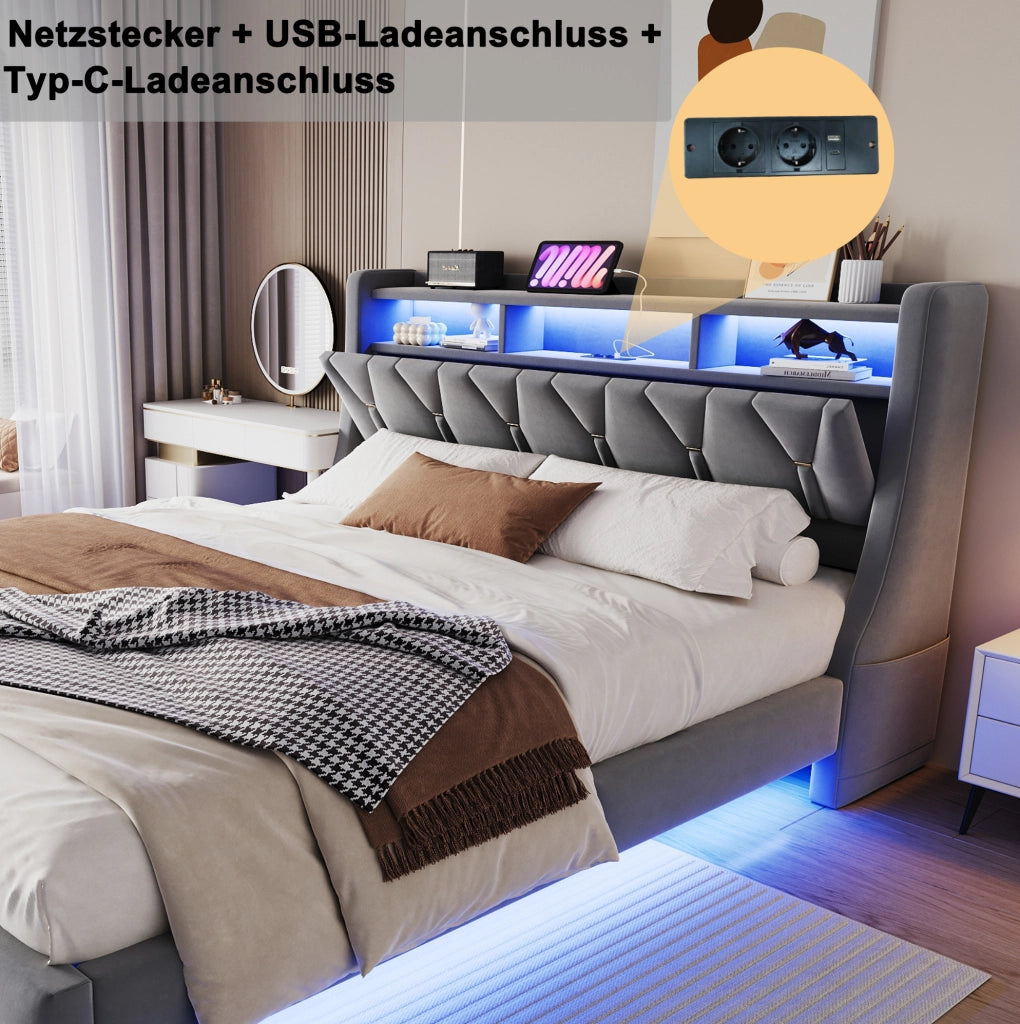 Letto matrimoniale imbottito 180x200 cm in velluto grigio con testiera pieghevole; LED e prese