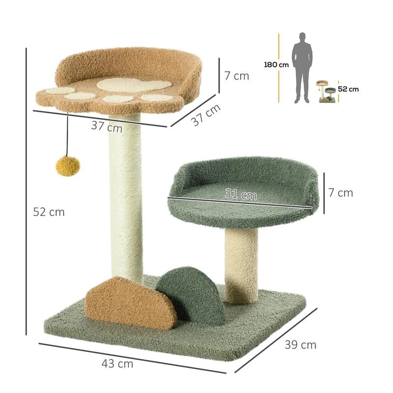 ALBERO TIRAGRAFFI PER GATTI CON 2 LETTINI, PALLINA E RIVESTIMENTO IN VELLUTO, 43X39X52CM