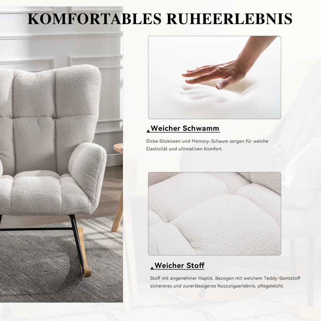 Sedia a Dondolo con Schienale Alto Ergonomico; Braccioli Imbottiti e Base Silenziosa; in Teddy Bianco