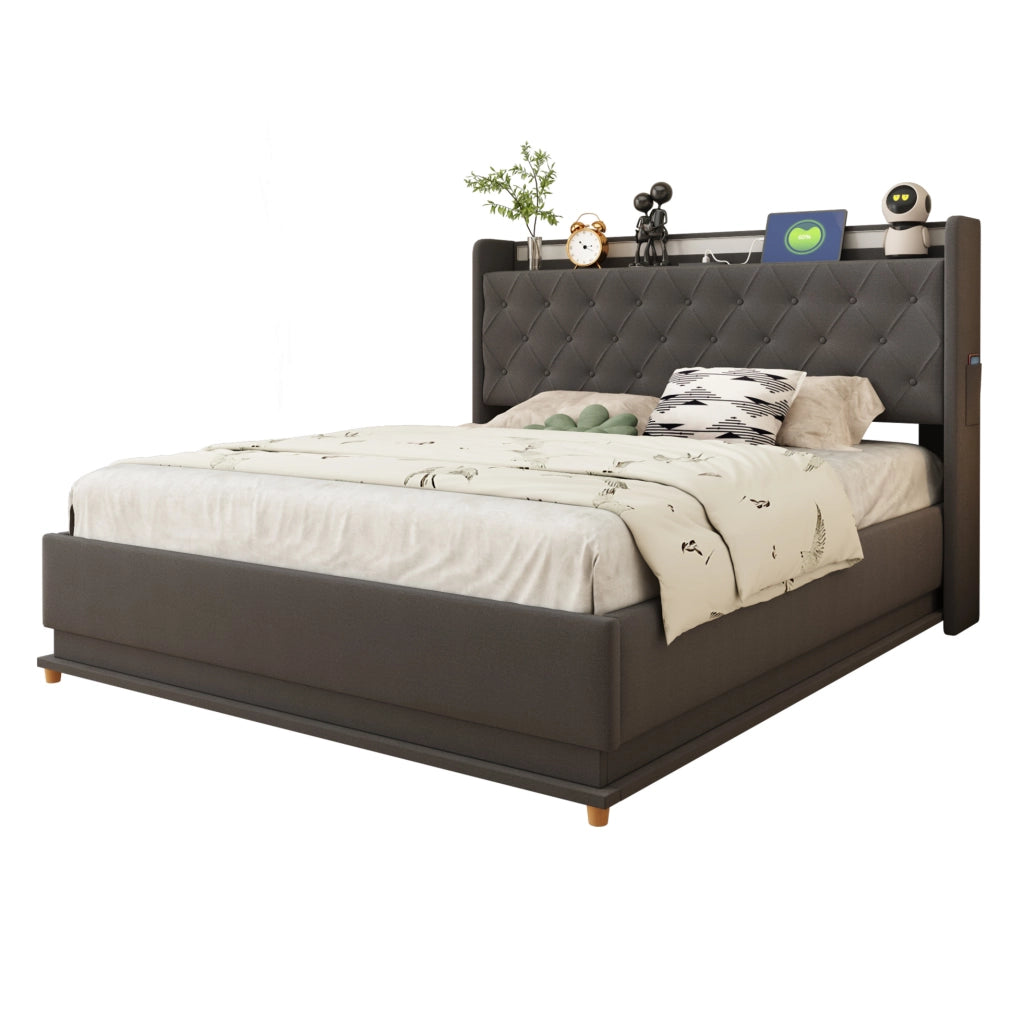 Letto imbottito con LED; USB e contenitore idraulico 140x200 cm in tessuto effetto lino grigio