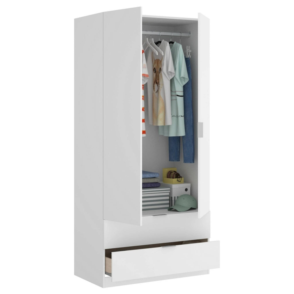 Guardaroba Darest, Armadio per camera da letto a 2 ante e 2 cassetti, Mobile per camera da letto con barra appendiabiti, cm 81x52h180, Bianco