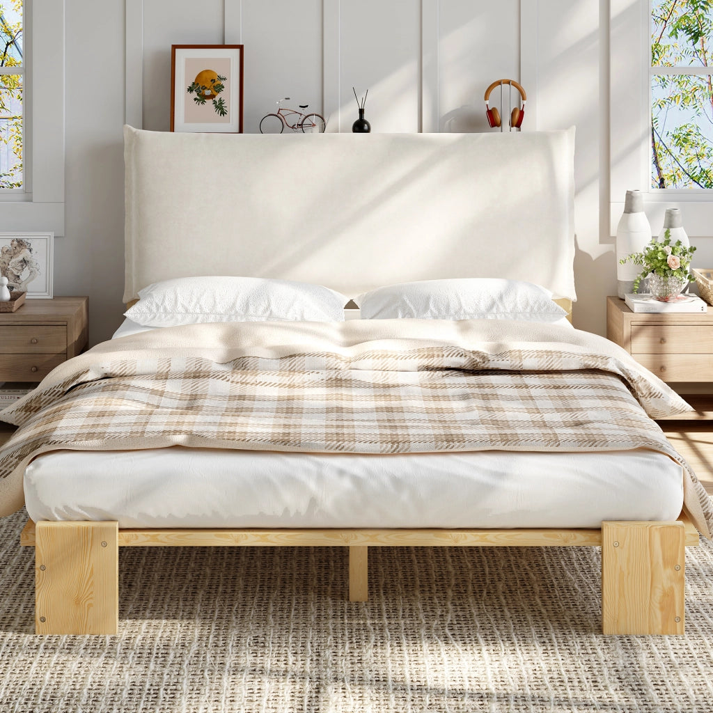 Letto Singolo 140x200 cm - Testiera Imbottita e Doghe Stabili - Legno - Naturale