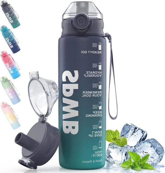 Ottima Bottiglia da 1 Litro con Filtro e Marcature di Tempo, Infallibile e Senza BPA in Tritan, Ideale per Ciclismo, Fitness, Escursionismo, Campeggio e Scuola