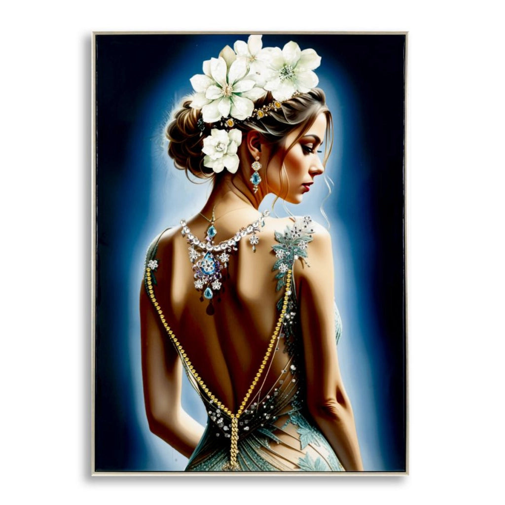 Dipinto su tela Isabel A dama di spalle con gioielli, 72x102 cm