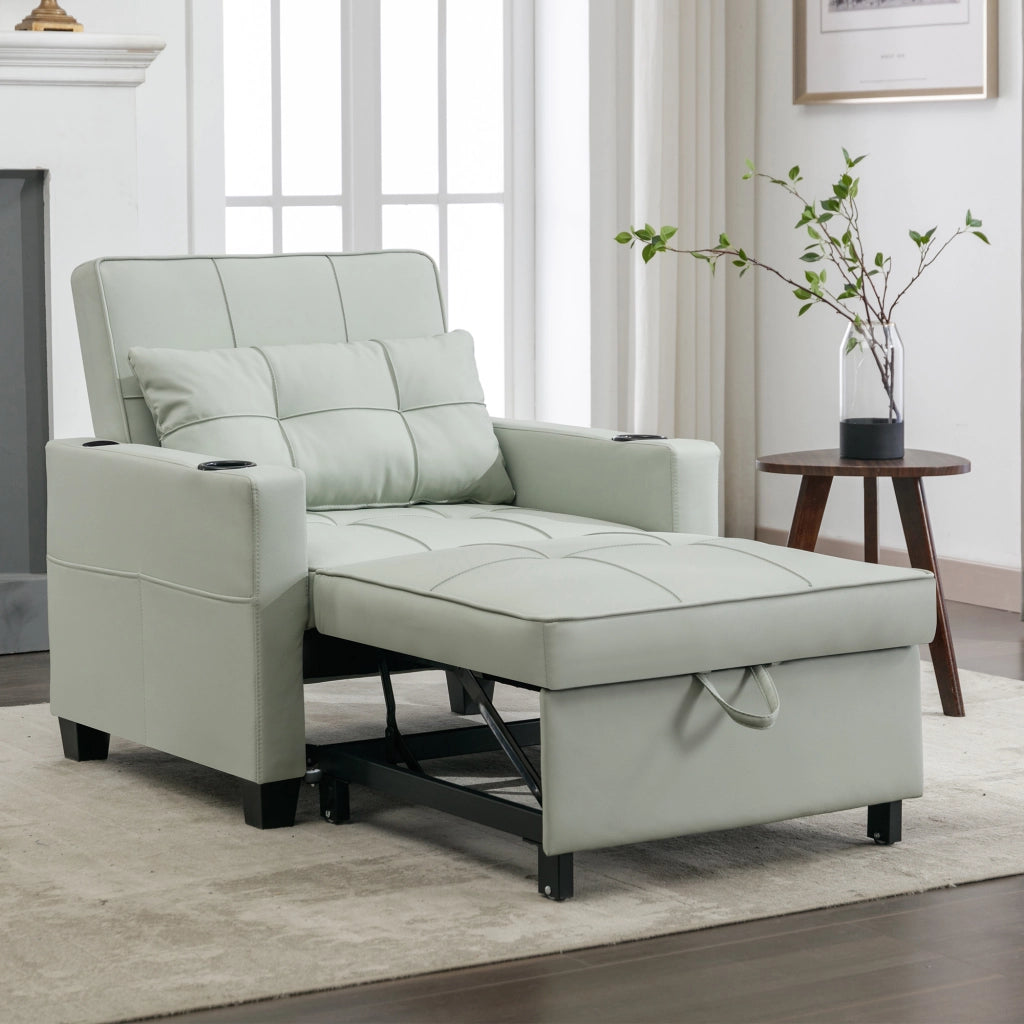 Divano letto singolo 3 in 1 con portabicchieri tasca laterale e schienale regolabile in PU e metallo verde chiaro