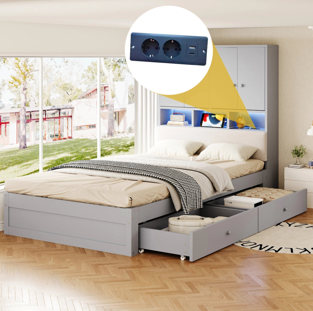 Letto singolo multifunzione 90x200 cm grigio con LED e cassetti