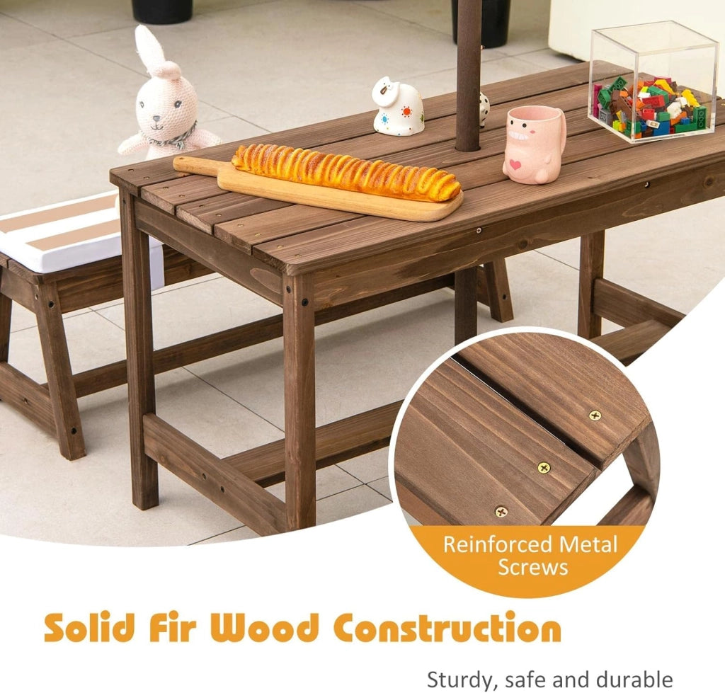 Set di mobili da giardino per bambini con 2 panche e ombrello regolabile, in legno di abete, per bambini, con cuscino, set di mobili per giardino, terrazza, balcone (marrone)
