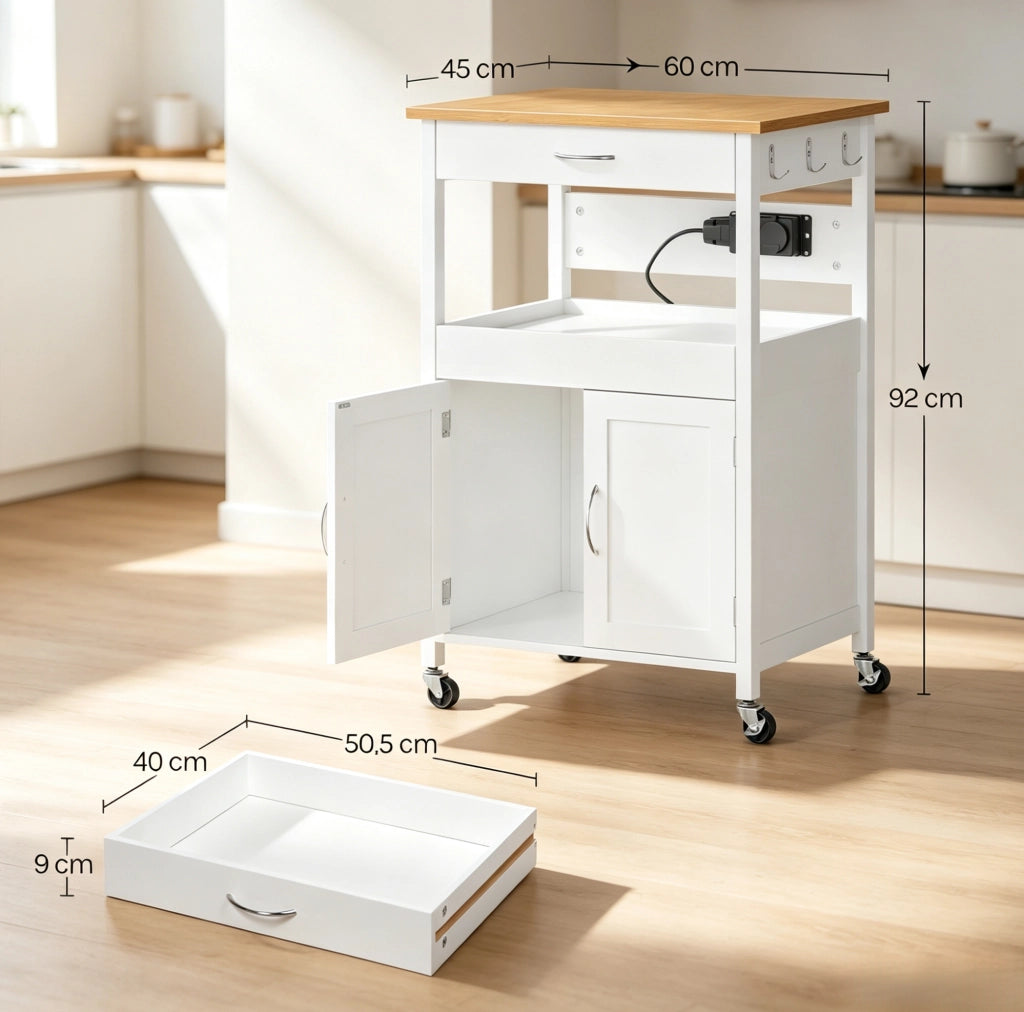 Carrello da Cucina Mobile con Ruote, Mobiletto Multiuso con Ripiani, Cassetto e Armadietto, MDF Effetto Bambù e Bianco, 60x45x92 cm