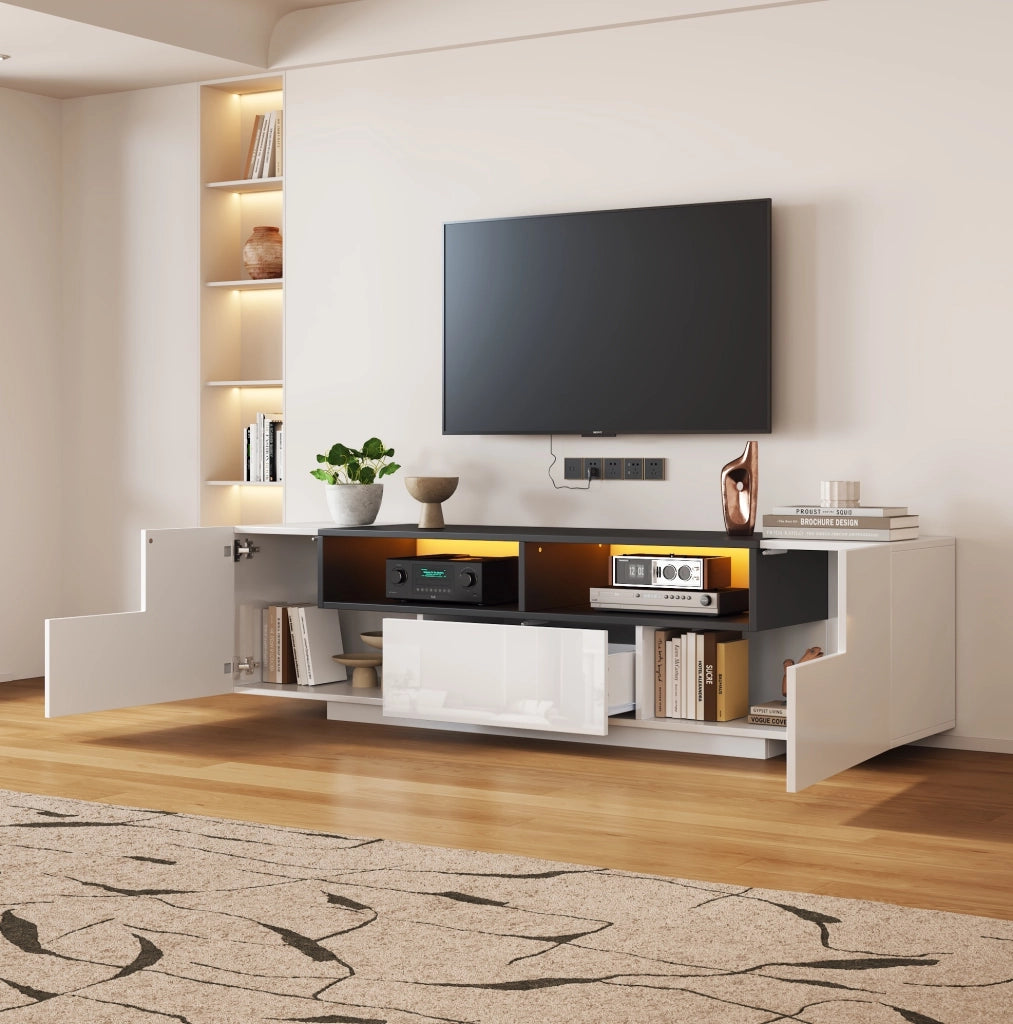 Mobile TV da terra 180x40x48 cm bianco lucido con LED, 2 armadietti e cassetto