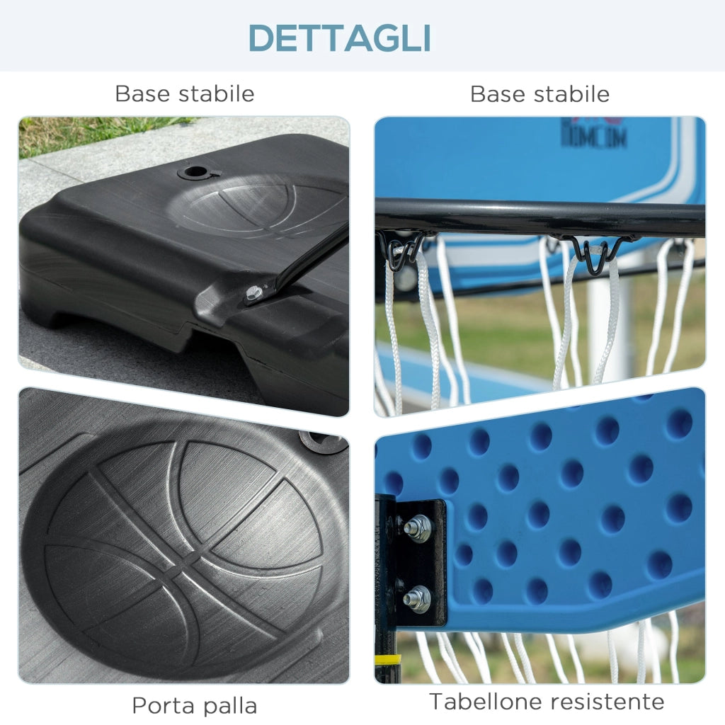 Canestro da Basket Altezza Regolabile 195-245 cm in Acciaio e HDPE Blu