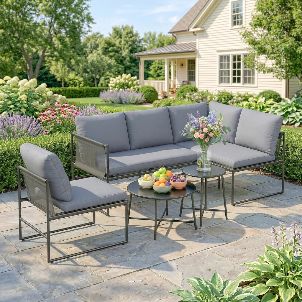 Set Lounge da Giardino 4-5 Persone ¨C zephmum ¨C Grigio, Polyrattan, Tessuto Lavabile
