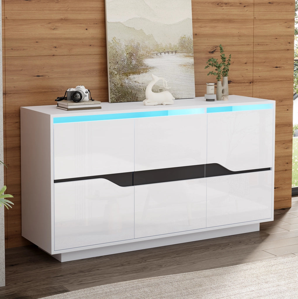 Credenza moderna bianco e nero 140 x 40 x 70 cm con LED e ante regolabili