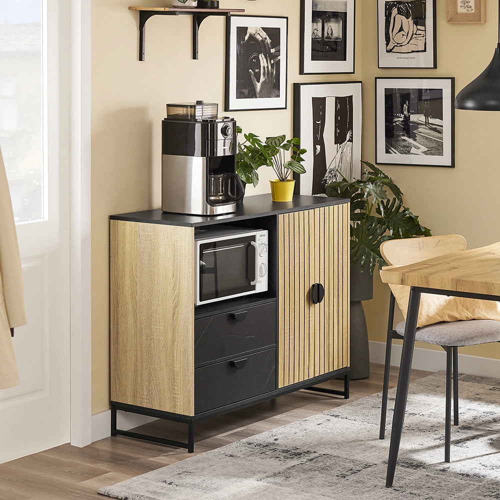 SoBuy mobile cucina salvaspazio, mobiletto cucina – credenza cucina e madia soggiorno con vano microonde Ø6cm, 2 cassetti, anta a lamelle, ripiano regolabile, gambe in metallo, 107×40×85 cm FSB103-N