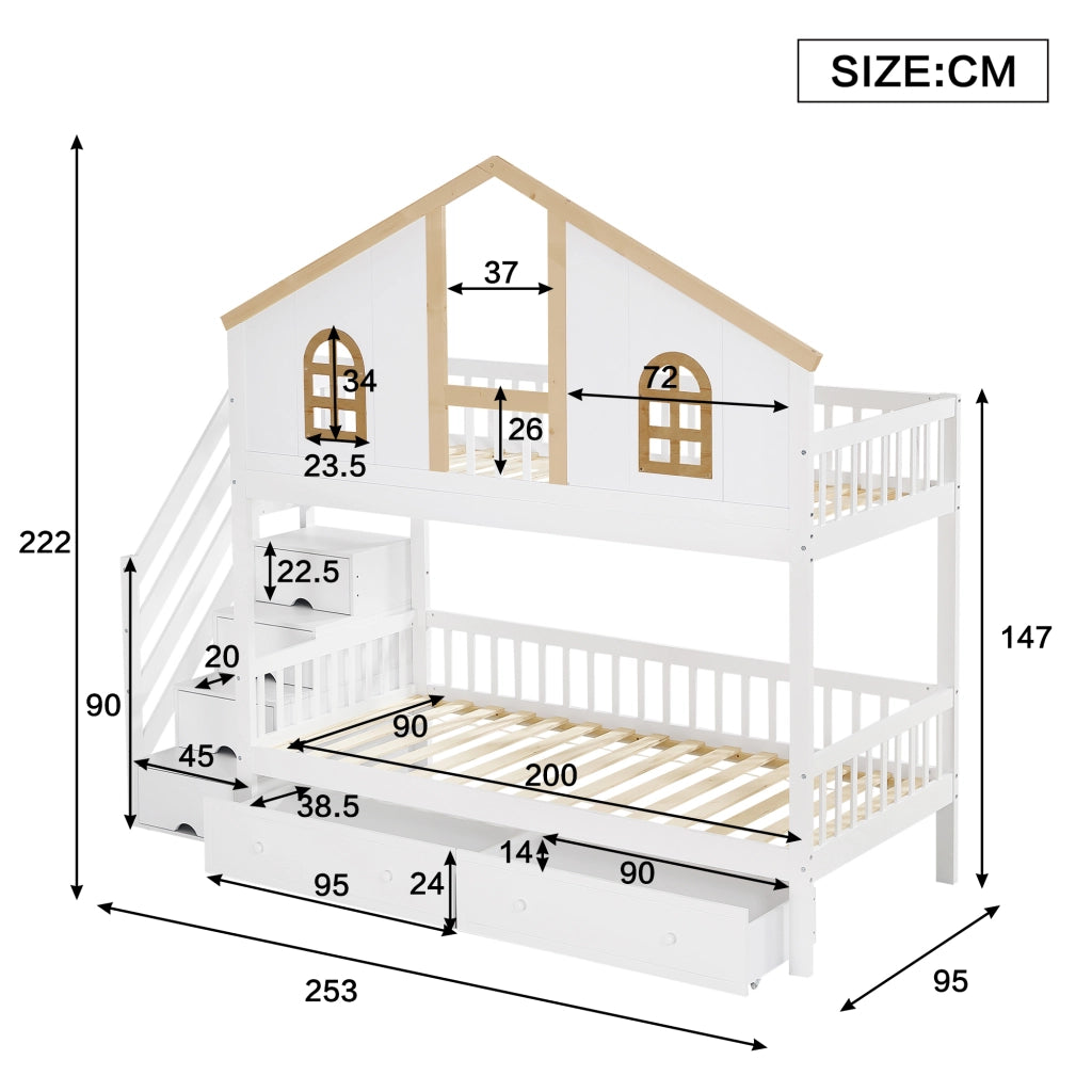 Letto a Castello 90x200 cm; Letto 2 Posti - Finestre; 2 Cassetti; Scala - in Legno Massello e MDF - Bianco e Naturale