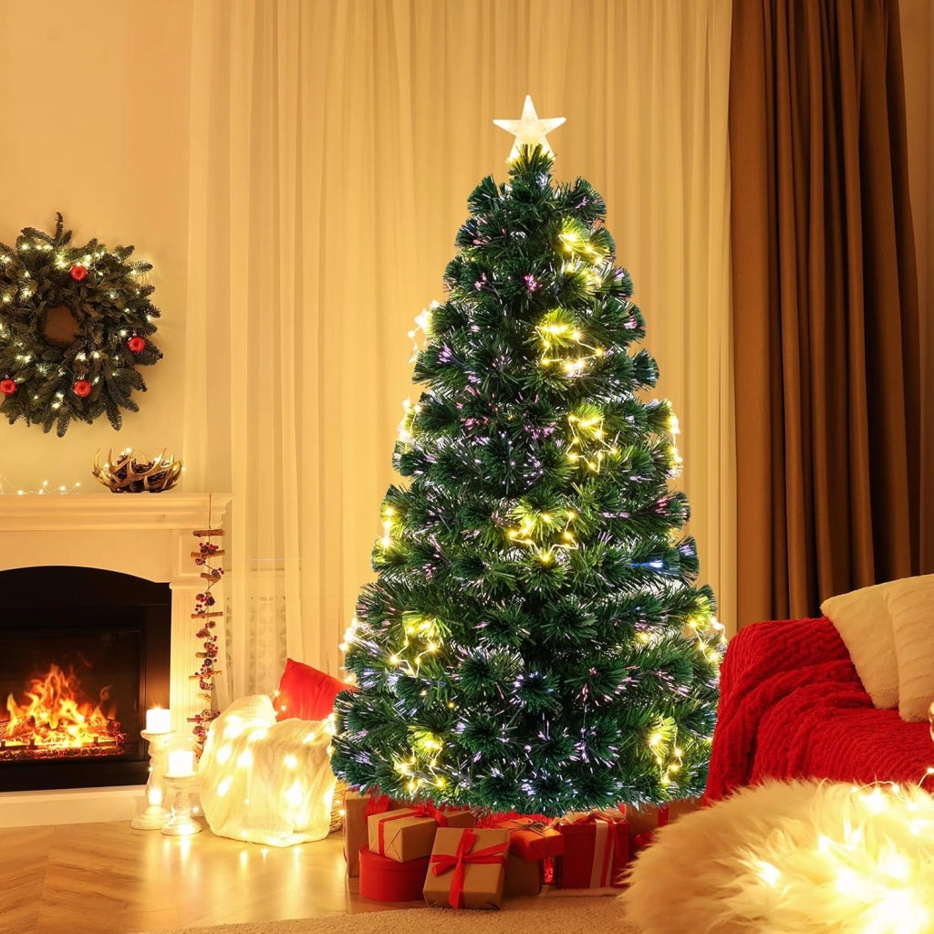 Albero di Natale in Fibra Ottica 150/180 cm, Albero di Natale Artificiale Pre-illuminato con 24/36 Luci a Stringa, Stella sulla Cima e 170/230 Punte dei Rami, Decorazione per Feste (150 CM)