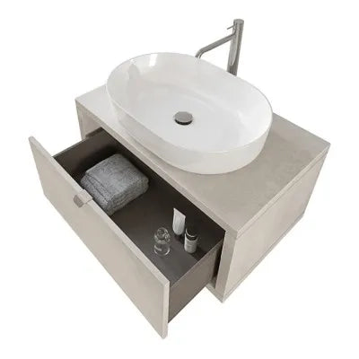 Mobile bagno sospeso 80 cm grigio chiaro con lavabo a bacinella e specchio tondo Master