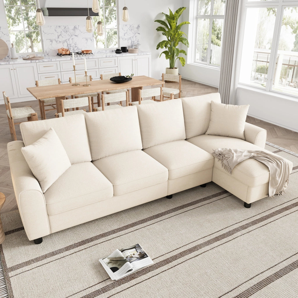 Divano angolare a L con chaise longue e vano contenitore, schienale ribaltabile con portabicchieri, in chenille beige