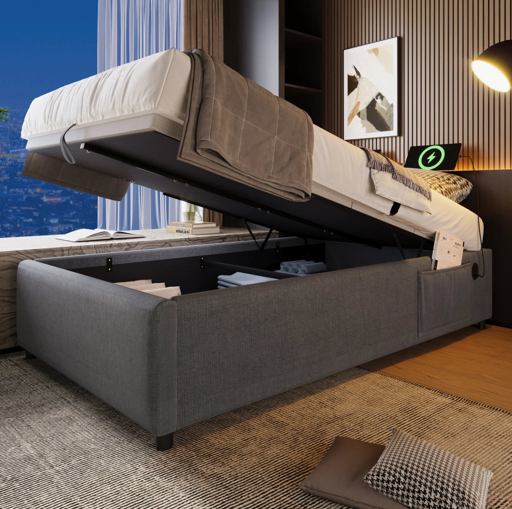 Letto contenitore singolo 90x200 cm in tessuto lino; USB e Type-C; grigio; senza testiera
