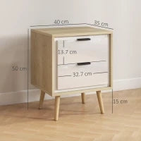 Comodino con 2 cassetti silenziosi e piedi in legno massiccio, 40 x 35 x 50 cm, Bianco lucido