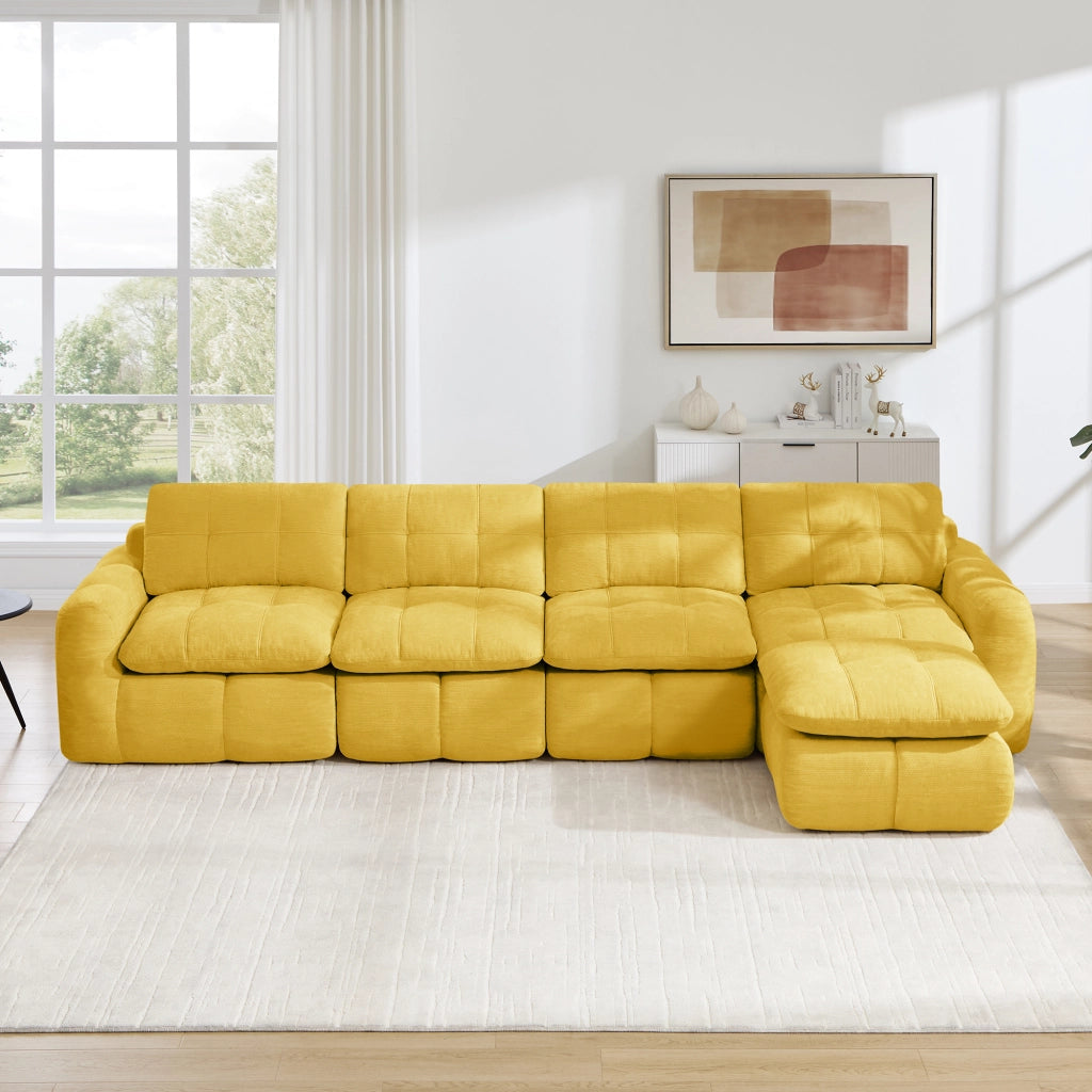 Divano angolare modulare 4 posti senza telaio con cuciture a griglia in ciniglia gialla 334 × 160 × 68 cm