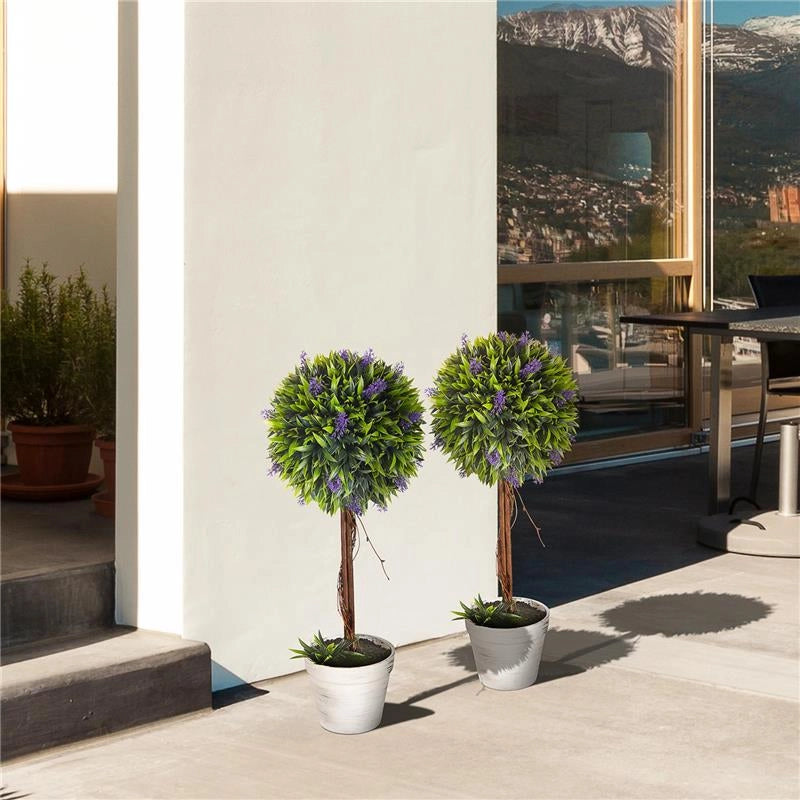 SET 2 PIANTE ARTIFICIALI VERDI A SFERA CON FIORI DI LAVANDA E VASO CON MUSCHIO E CEMENTO Ø 24X60 CM