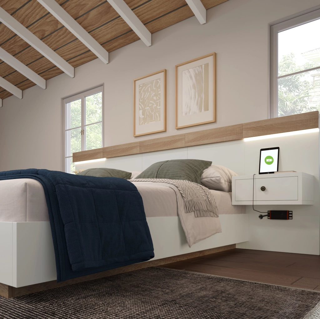 Letto matrimoniale 140x200 cm con 2 comodini LED; prese USB e USB-C; bianco e rovere sonoma