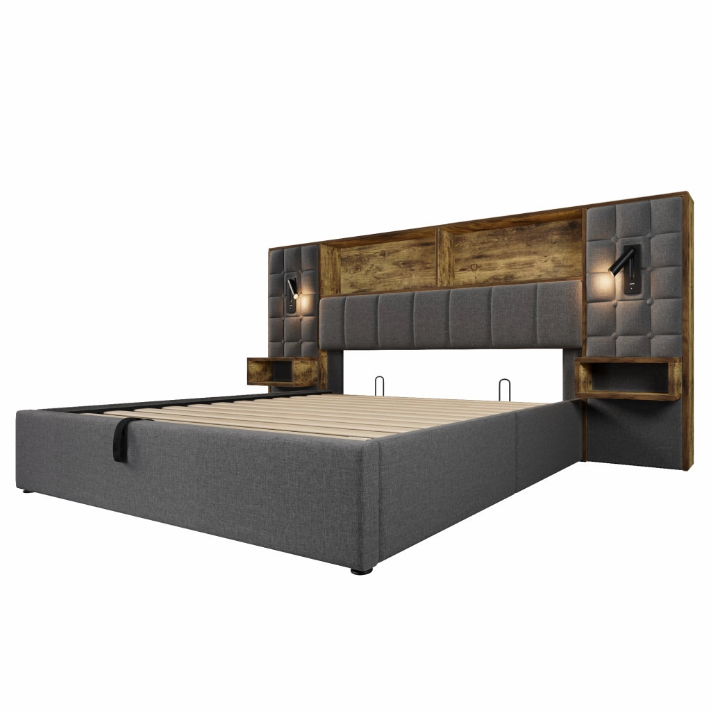 Letto imbottito con contenitore 180x200, LED, lampade da lettura, comodini integrati e porte USB/Type-C