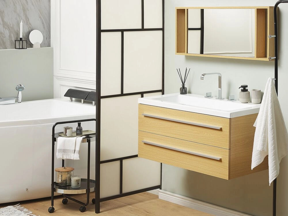 Mobiletto Lavabo colore Beige e Argento a 2 Cassetti con Specchio in stile Moderno contemporaneo