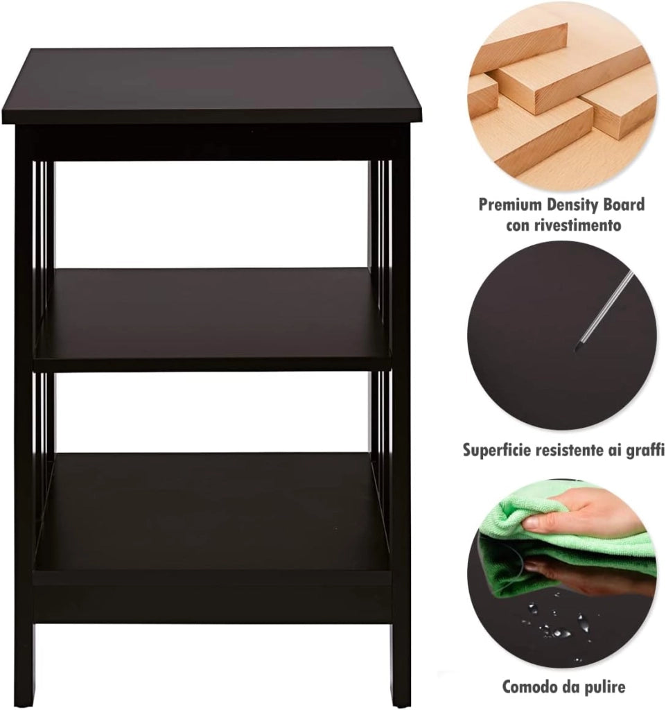 Comodino per Camera da Letto, Comodino a 3 Livelli, Tavolino da Soggiorno in Legno, Portata Totale 20 kg, 40 x 40 x 61 cm (2, Caffè)