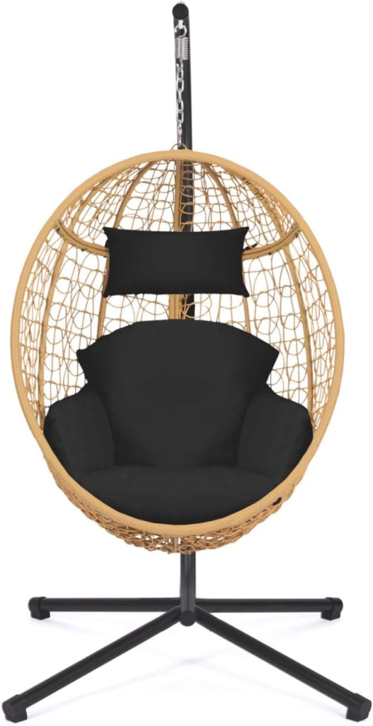 Poltrona sospesa a Forma di Uovo in Rattan Traforato con Cuscino Nero