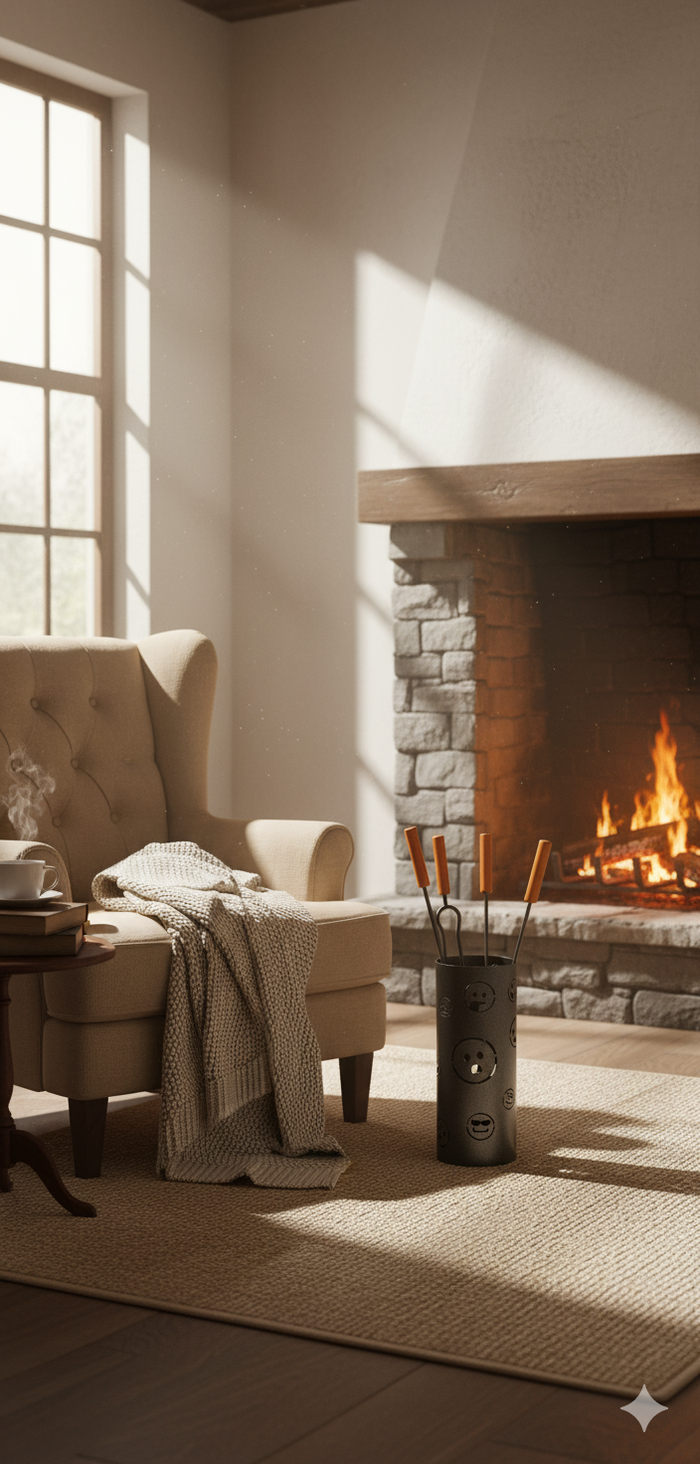 Trespolo per Attrezzi Camino Cilindrico Sagoma Faccine con Paletta Scopino Attizzino e Pinza Ø15,2x62 cm in Ferro