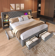 Letto matrimoniale 180x200 cm con comodini, 4 cassetti, luci LED e porte USB/Type-C