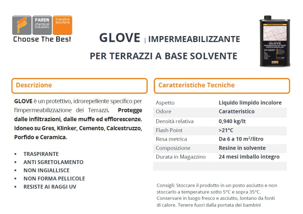 GLOVE impermeabilizzante per terrazzi a base solvente protettivo idrorepellente protegge dalle infiltrazioni muffe 1 LT