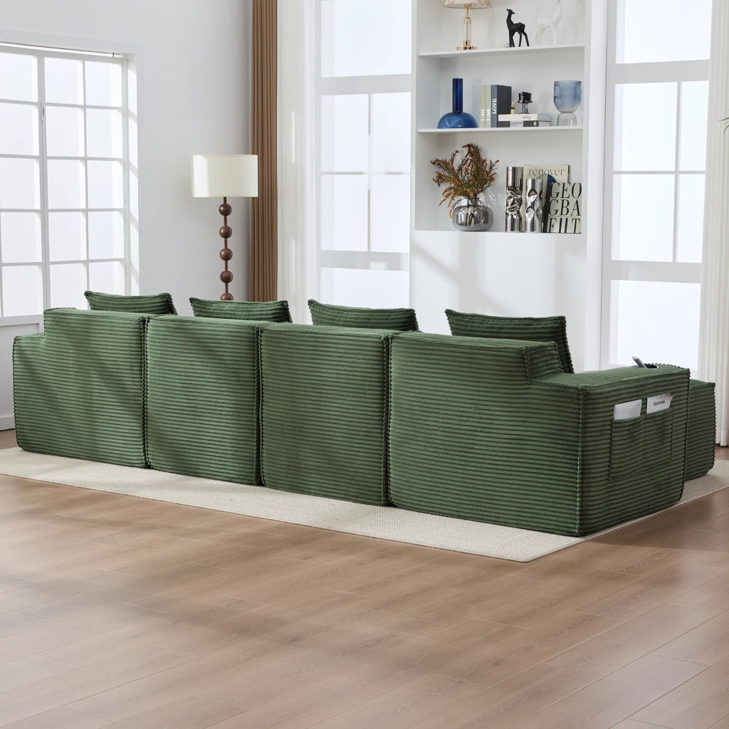 Divano modulare 4 posti con portabicchieri e tasche laterali in tessuto a coste verde 330 × 162 × 75 cm