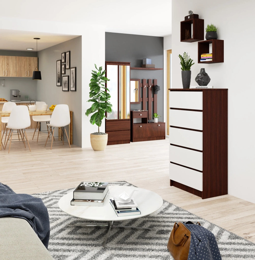Cassettiera AKORD K60 Cassettiera Wengé 60 cm 5 cassetti inserto frontale Bianco 60x40x121 cm