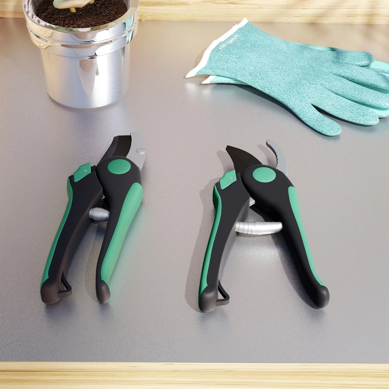 Set di cesoie da giardino 2 pezzi con lama bypass e a incudine, impugnatura ergonomica, verde/nero