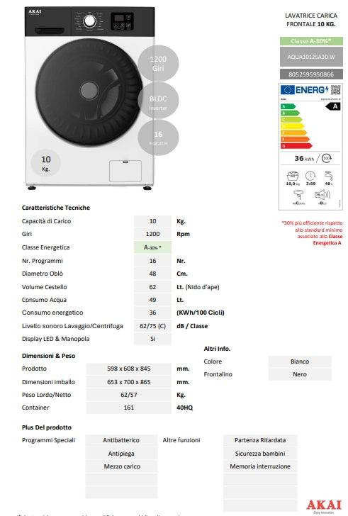 Akai aqua10125a30-w lavatrice 10 kg, 1200 giri , classe a -30%, 16 programmi