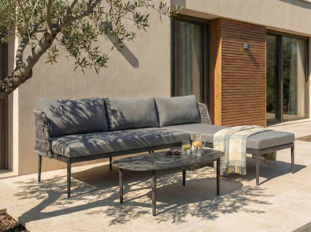 Set da salotto a 3 posti grigio con divano angolare sinistro in tessuto con struttura in alluminio e tavolino Elegante set da giardino Patio