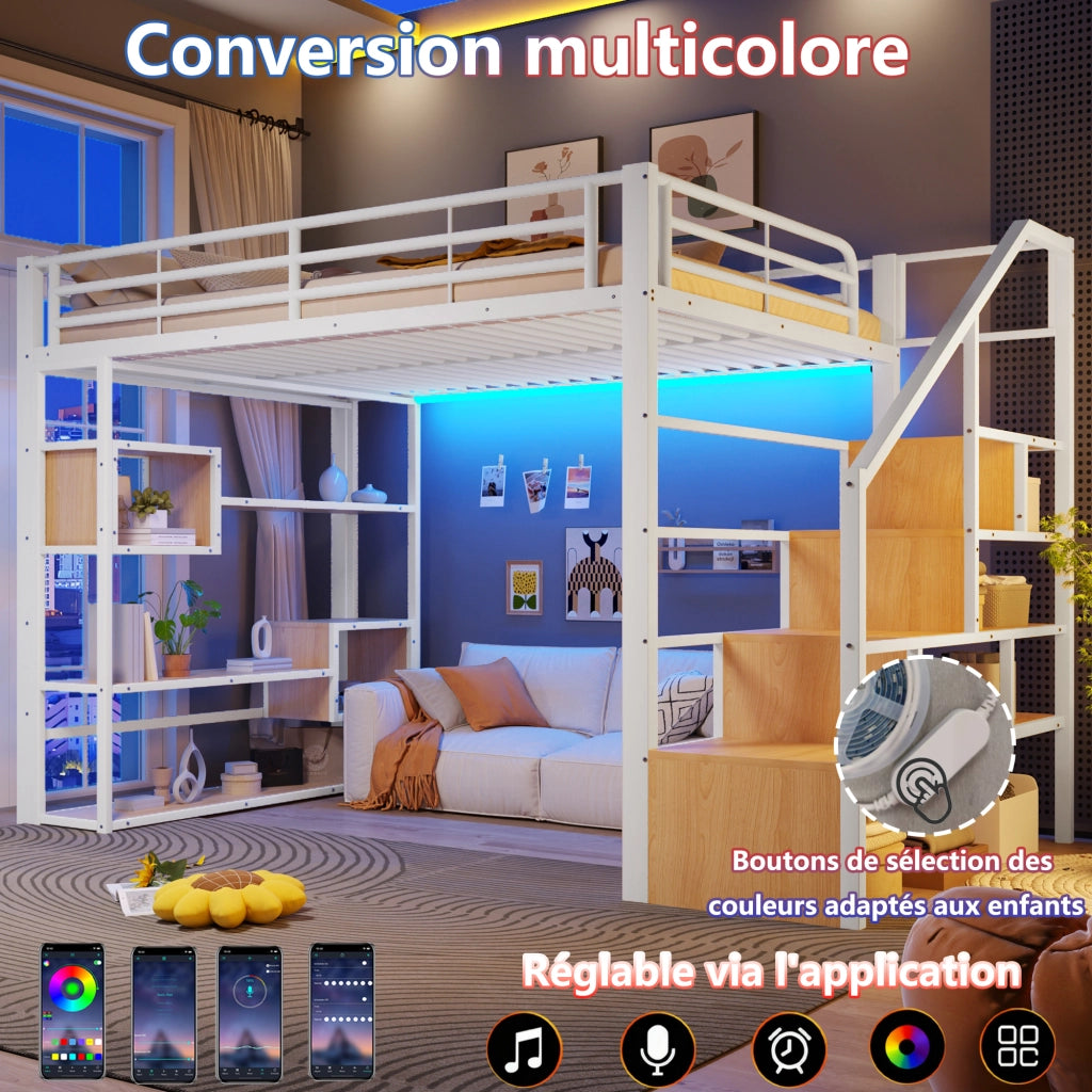 Letto a soppalco 140x200 cm con spazio libero sottostante; LED; ripiano; gradini integrati e parapetto; metallo bianco