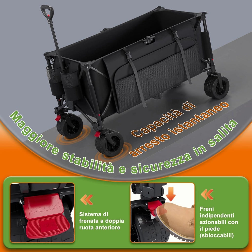 260L carrello spiaggia 200kg carrello con ruote portatutto grandi,carrellos pieghevole Con Braccioli Regolabili e Tasche Laterali per Giardino Campeggio all'aperto Ogni Tipo di Terreno, Nero