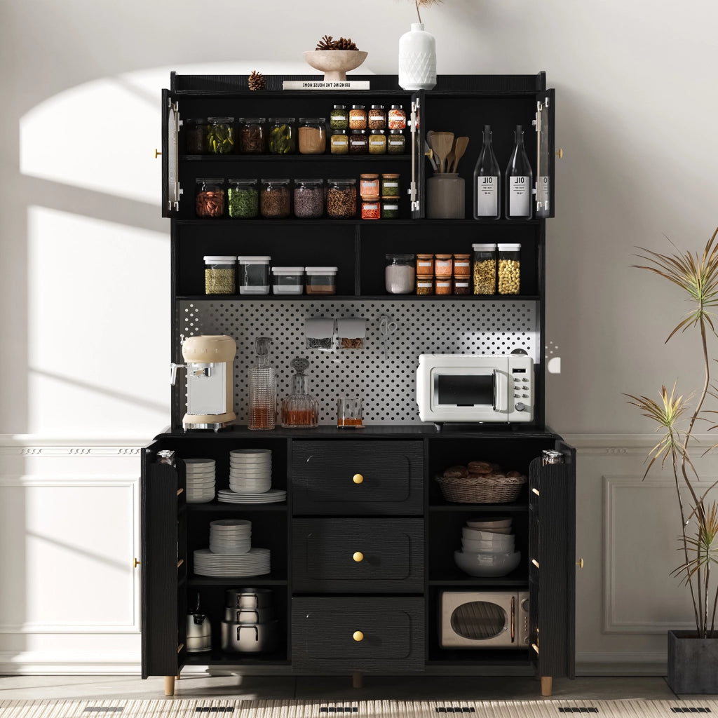 Credenza alta con pannello forato, 3 cassetti e ripiani regolabili, per cucina, in MDF nero, 120 × 40 × 190 cm