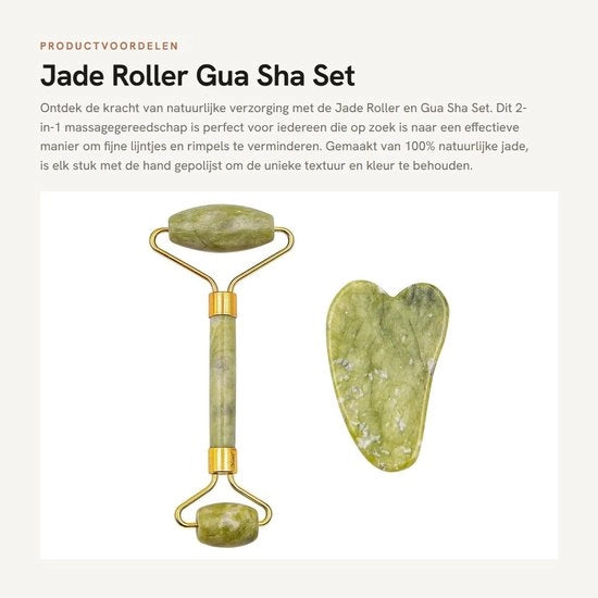 Set di Roller a due in 1 con Gua Sha - Apparecchio di Massaggio Faciale - Rafforza la Pelle - Riduce le Rughette - 100% Materiale Naturale Jade
