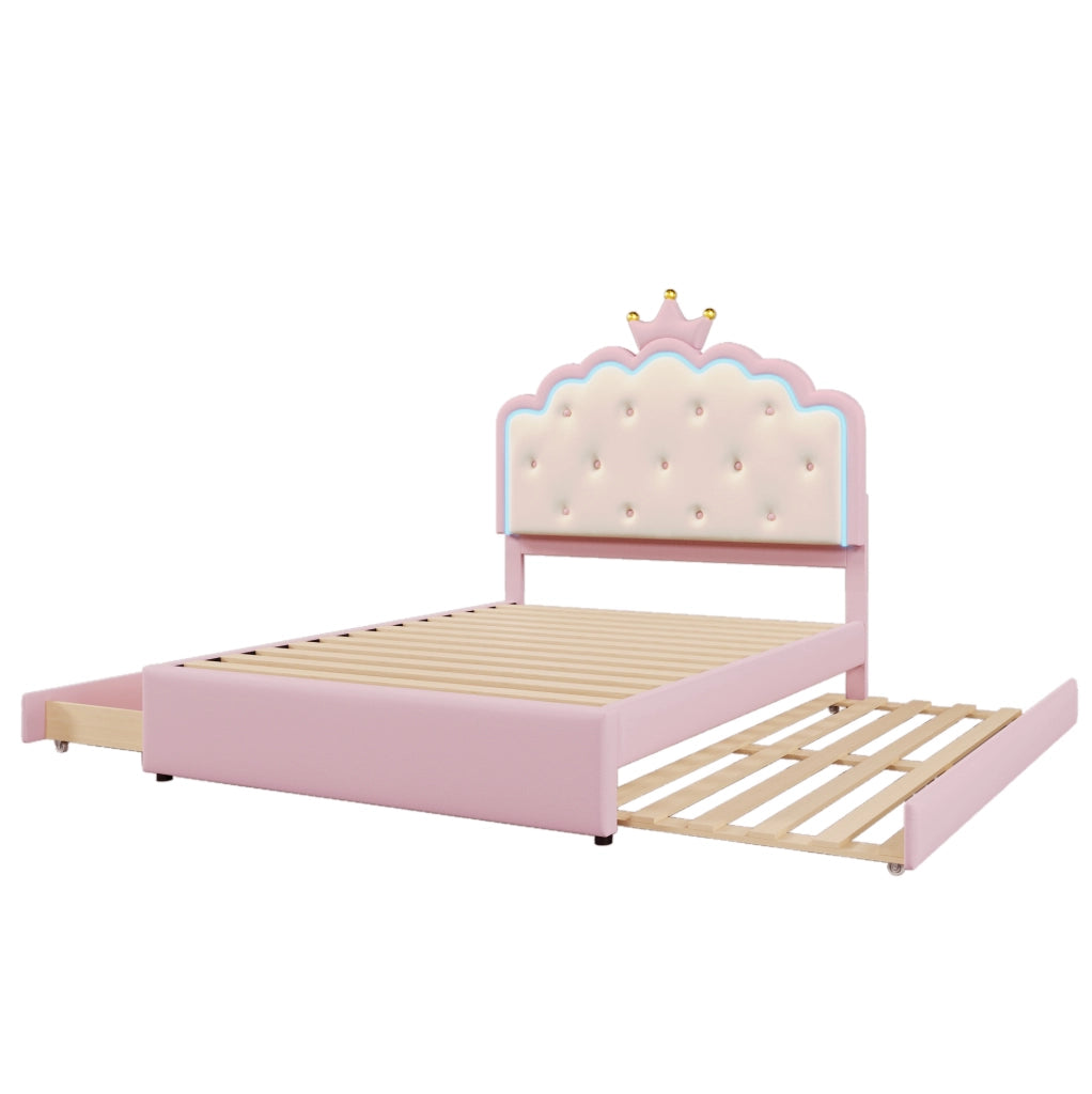 Letto imbottito 140x200 cm; luci LED e cassetti; PU; rosa (Senza materasso)