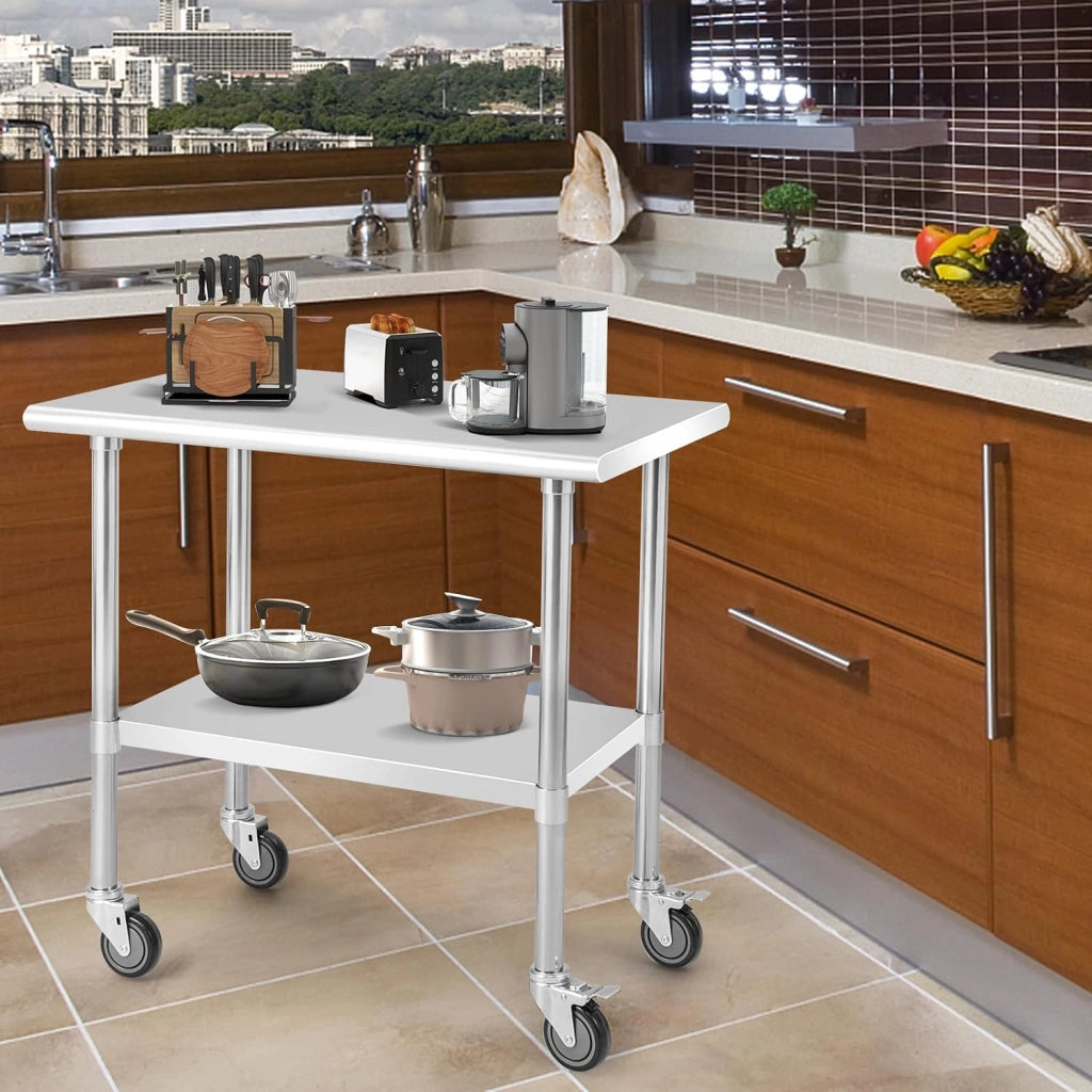 Tavolo da Lavoro in Acciaio Inox, Tavolo di Preparazione Alimentare/Porta Attrezzi con Ruote e Ripiano Inferiore Regolabile, per Cucina, Ristorante, Officina e Garage, 91,5 x 61 x 89,5 cm