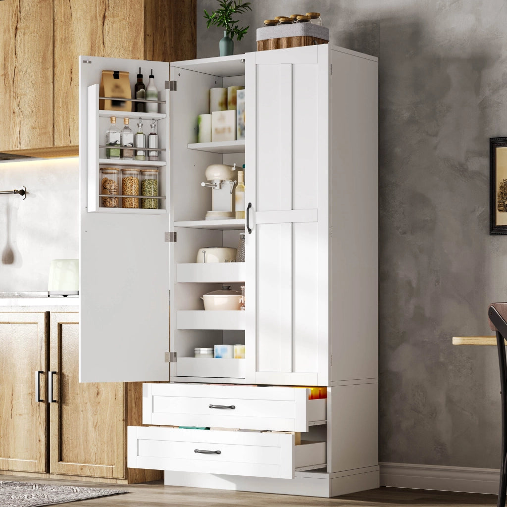 Credenza alta con 3 ripiani estraibili e 2 cassetti per cucina in MDF bianco 80×37.5×180 cm