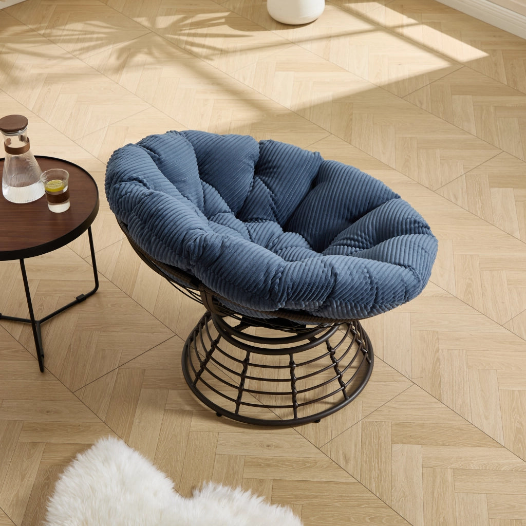 Sedia ergonomica Papasan realizzata in vimini comodo sedia girevole da esterno a 360¡ã con cuscino spesso e morbido ideale per soggiorno camera da letto sala lettura telaio marrone con cuscino blu navy (Comforta)