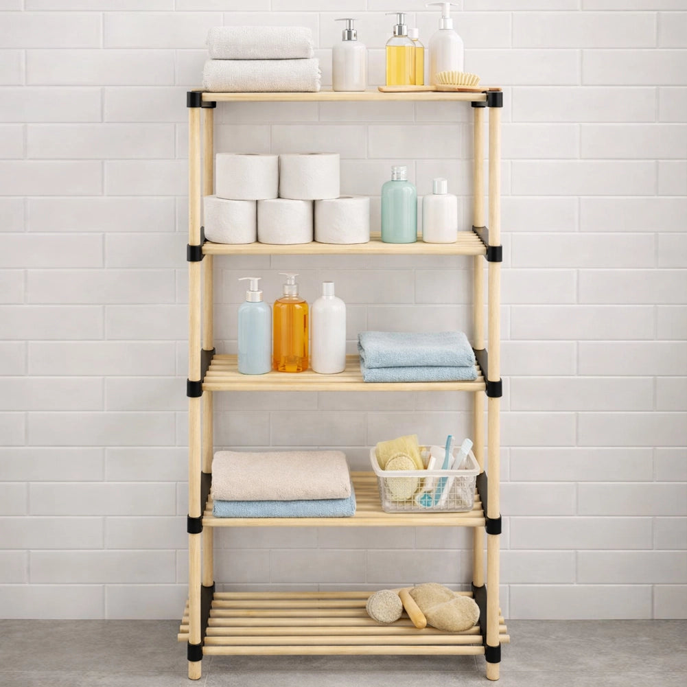 Scaffale in Legno 5 Ripiani Scaffalatura Multiuso Bagno Casa Ufficio 28x56x117cm