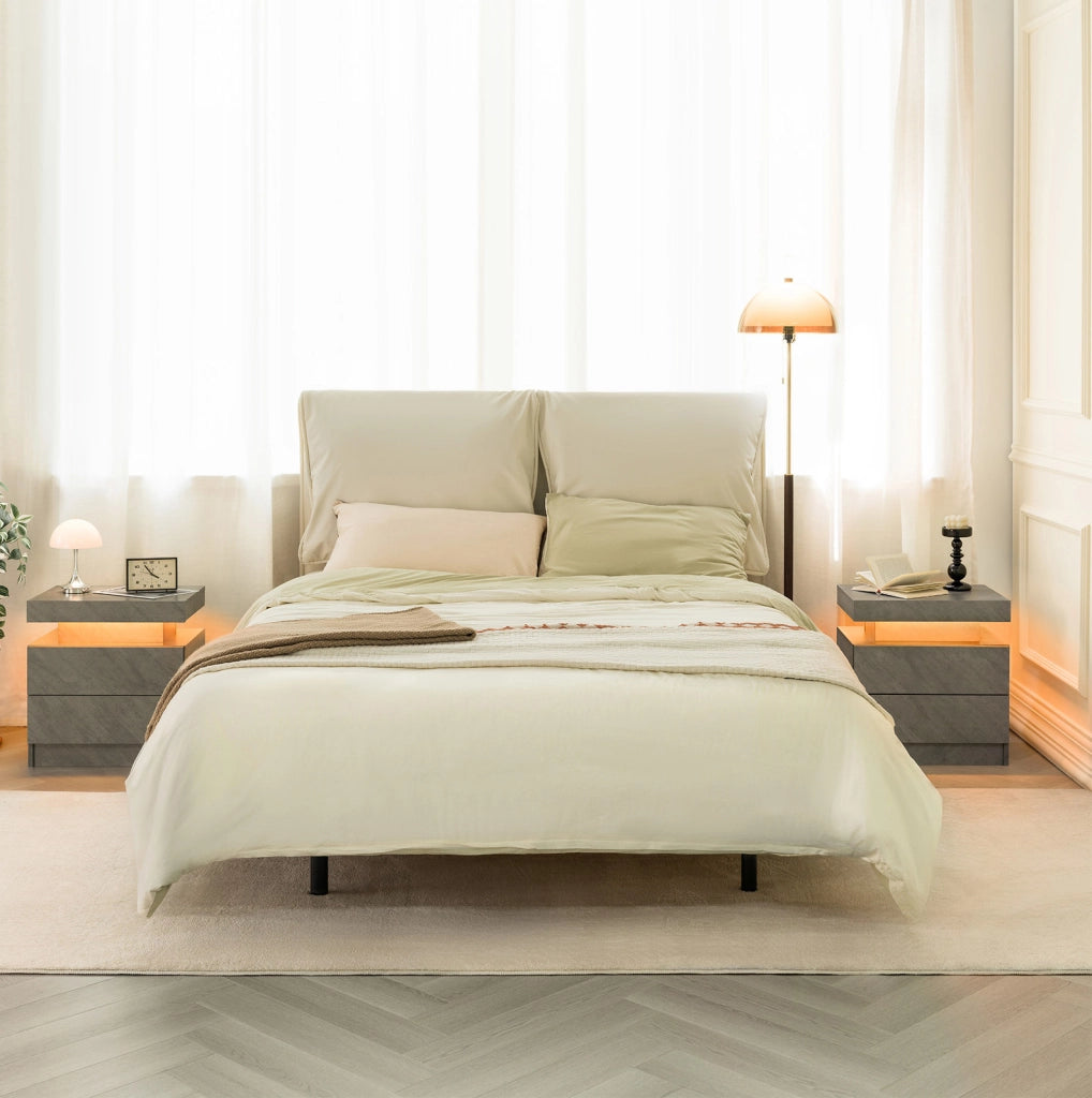 Comodino moderno con luci LED regolabili, 2 cassetti, colore grigio scuro