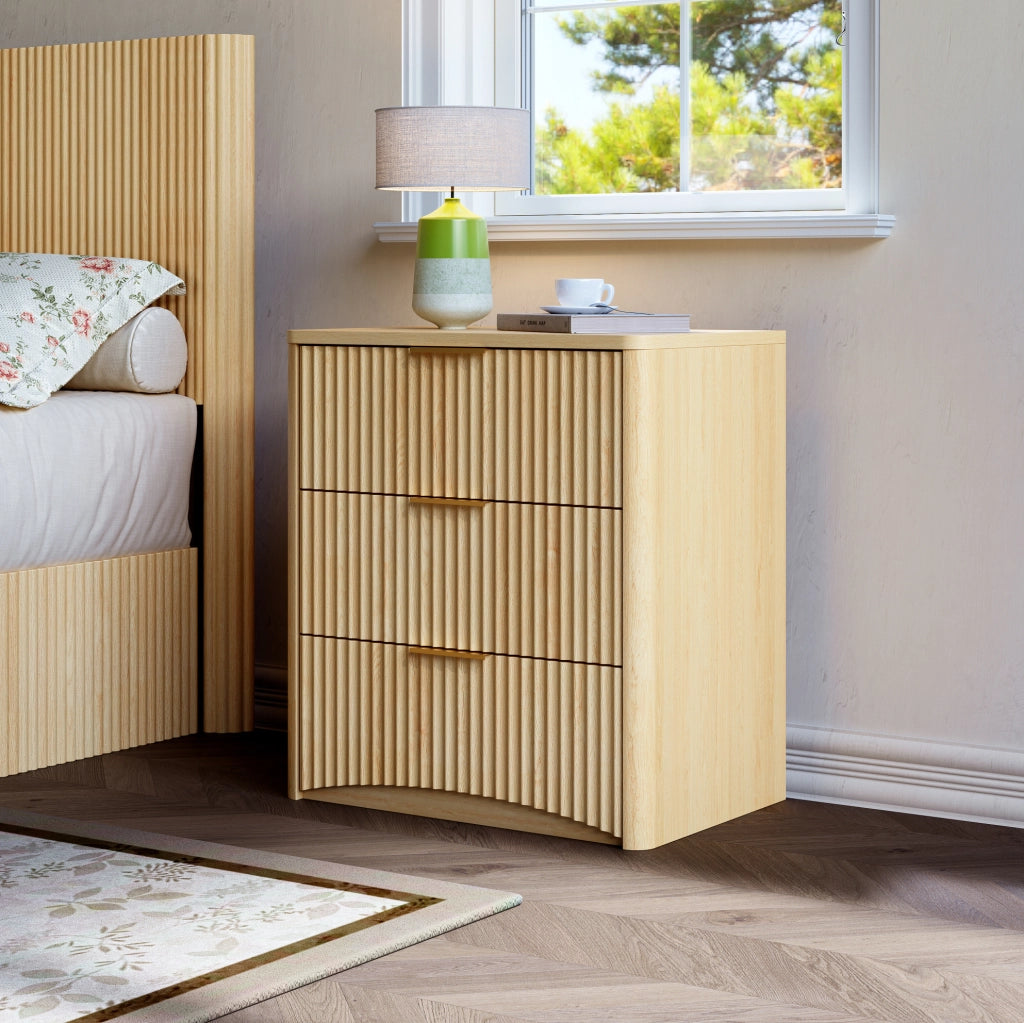 Comodino 58x38x64 cm con 3 cassetti; guide silenziose in MDF; rovere